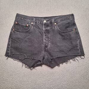 Levis 501 Shorts 31 Black Faded Denim Cutoff Distressed Raw Hem Button Fly